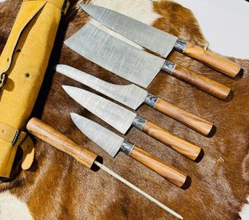 Keukenmes - Kitchen knife set - Keuken- en BBQ-set met leren