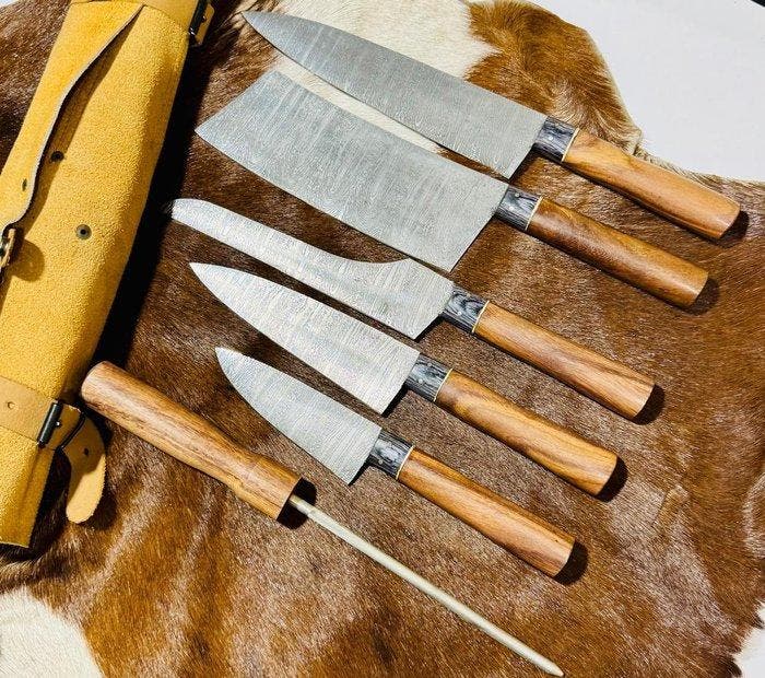 Keukenmes - Kitchen knife set - Keuken- en BBQ-set met leren, Antiek en Kunst, Antiek | Keukenbenodigdheden