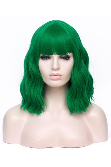 KIMU® Luxe Groen Pruik Schouderlengte Rechte Pony Krullen Do, Ophalen of Verzenden, Nieuw, Carnaval