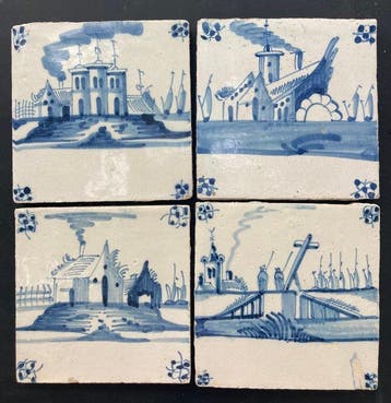 Tegel - Antieke Delfts blauwe tegels met kastelen, brug en