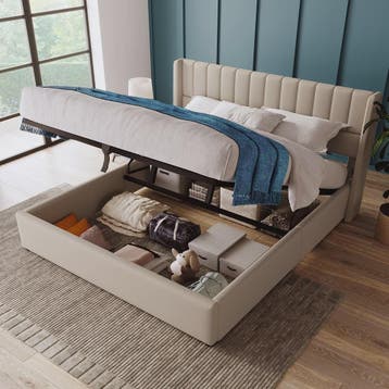 Hydraulisch Boxspringbed 180x200cm Beige Gestoffeerd met Hou, Verzenden, Nieuw