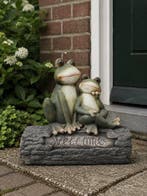 Beeld, garden statue 2 frogs on tree trunk - 41 cm -