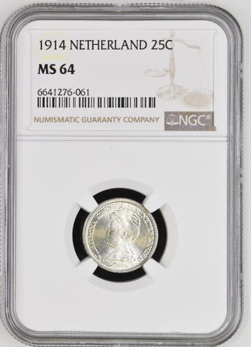 Koningin Wilhelmina 25 cent 1914 MS64 NGC (Pop 1/1), Verzenden, Zilver, 25 cent, Koningin Wilhelmina