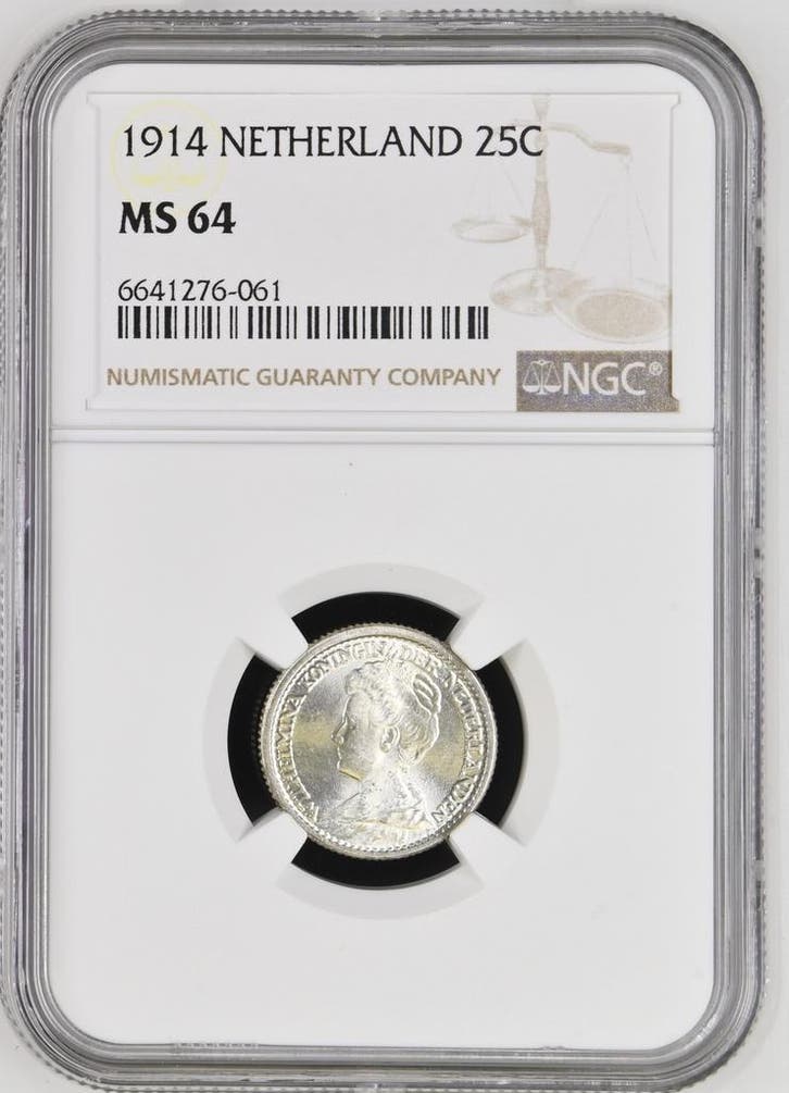 Koningin Wilhelmina 25 cent 1914 MS64 NGC (Pop 1/1), Postzegels en Munten, Munten | Nederland, Losse munt, 25 cent, Koningin Wilhelmina