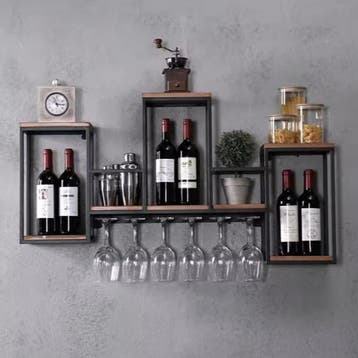 Vintage Wijnrek Wand –Houten en Metalen Wandplank met Glazen, Huis en Inrichting, Verzenden, Nieuw