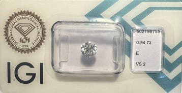 1 pcs Diamant (Natuurlijk) - 0.94 ct - Rond - E - VS2 -, Nieuw