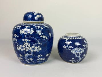 Twee blauw-witte Prunus Ice Crackle potten - Porselein -