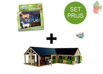 Kids Globe Set Houten Paarden Hoekstal (1:24) + 4 Paarden, Ophalen of Verzenden, Nieuw
