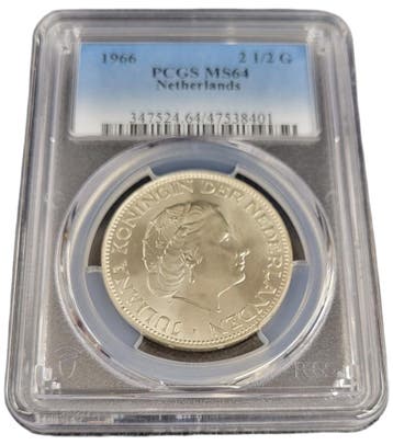 Koningin Juliana zilveren 2 1/2 gulden 1966 MS64 PCGS, Postzegels en Munten, Munten | Nederland, Verzenden, Koningin Juliana, Losse munt