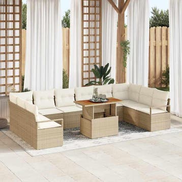 vidaXL Tuin Sofa Set met opslag 11 pcs Beige Poly riet, Verzenden, Nieuw, Rotan, Meer dan 8 zitplaatsen