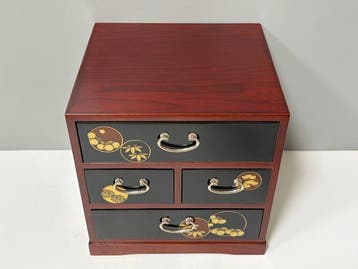 Kabinet - Hout, Japanse-stijl vierladenkast met goudkleurige