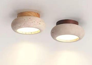 Nordic Houten Plafondlamp – LED met Travertijn Kap, Verzenden, Nieuw