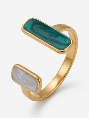 Groen & Wit Gelegde Marmer Open Goudkleurige Ring - 316L - R, Nieuw, Dame of Heer, Goud, IJzer of Staal