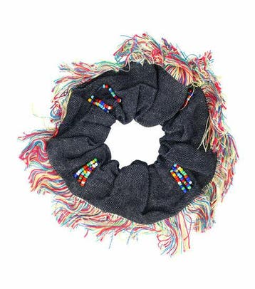 Haarelastiek Scrunchie – Ibiza Kralen & Franjes – Jeans Stof, Nieuw