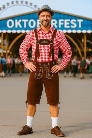 Rood Oktoberfest Kostuum met Bruine Lederhosen – - Maat M, Ophalen of Verzenden, Nieuw, Maat 48/50 (M)