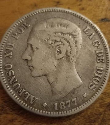 Spanje. Alfonso XII. 5 Pesetas 1877 DEM (Zonder