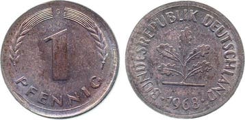 Duitsland Fehlpraegung 1 Pfennig 1968 G ohne Ring gepraegt, Verzenden