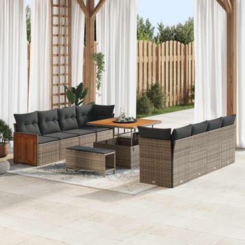 vidaXL Tuinbankenset 11 pcs Grijs Poly rattan en, Verzenden, Nieuw, Rotan, Meer dan 8 zitplaatsen