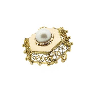 Antiek bicolor gouden broche met parel, Sieraden, Tassen en Uiterlijk, Broches, Gebruikt, Ophalen of Verzenden, Met edelsteen