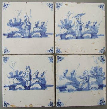 Tegel - 4 Herderinnen in het veld. - 1650-1700, Antiek en Kunst