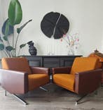 Lounge stoel - Leder, Katoen, Metaal - Twee vintage lounge