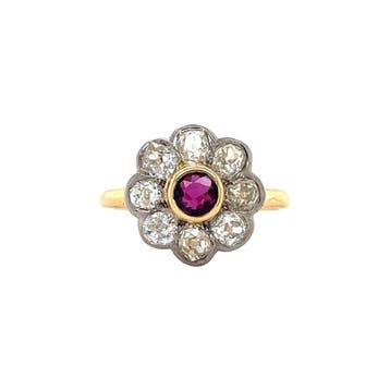 Gouden vintage entourage ring met robijn en diamant 18 krt, Ophalen of Verzenden, Nieuw