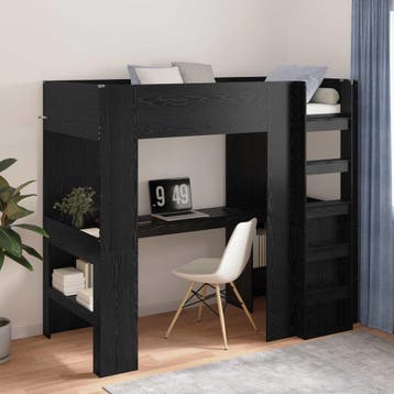 vidaXL Loft Bedframe met Bureau Zwart Eiken 90 x 200 cm, Verzenden, Nieuw, Zwart, Hout