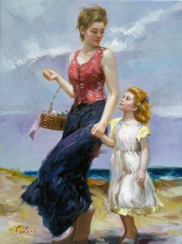 Georgio Santini (XX) - Promenade au bord de Mer - Mère et sa, Antiek en Kunst