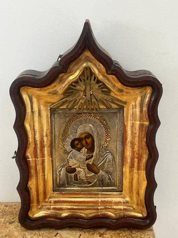 Icoon - Moeder Gods van Vladimir - Hout, Zilver