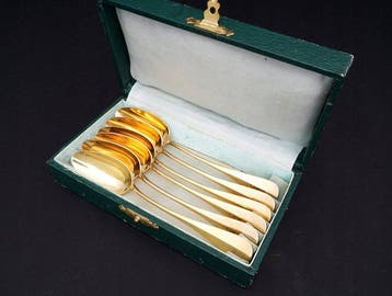 Lepeldoos (7) - Frankrijk - Vermeil Set van 6 Magnifieke, Antiek en Kunst, Antiek | Goud en Zilver