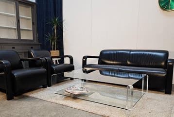 Bank Leolux Antipode 2zits + 2 Fauteuils Set Zwart Leer, Ophalen of Verzenden, Nieuw