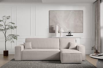Hoekbank Ribstof Karlo Beige | Universeel | €449,-, Hout, Hoekbank, 200 tot 250 cm, 100 tot 125 cm