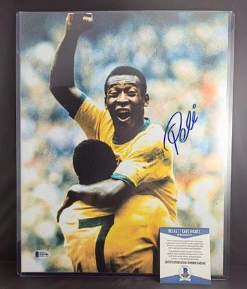 Fermo immagine esultazione Pelè - autografo COA Beckett -, Nieuw
