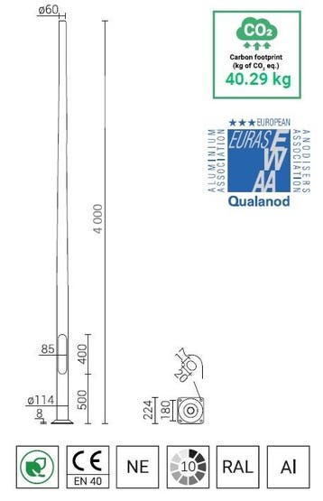 4 meter lantaarnpaal / lichtmast met voetplaat geanodise..., Nieuw