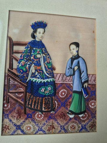 Hofdame in Qing-dracht - Antieke Chinese miniatuur op pith