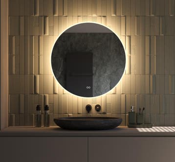Ronde design badkamer spiegel met verlichting en verwarming, Rond, Nieuw, Ophalen of Verzenden, 75 tot 100 cm
