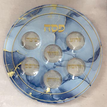 Seder schaal van gehard glas met mooi blauw/goud marmer...., Nieuw