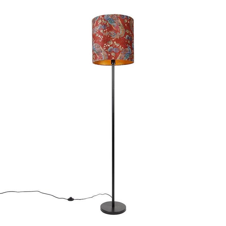 Vloerlamp zwart kap pauw dessin rood 40 cm  - Simplo, Huis en Inrichting, Lampen | Vloerlampen, Nieuw, Stof, Verzenden
