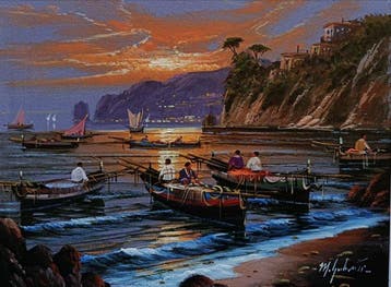 Mario Galanti (XX) - Tramonto a Sorrento (costiera, Antiek en Kunst, Kunst | Schilderijen | Klassiek