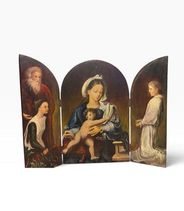 Handgeschilderd houten drieluik - Madonna met Kind - 40 cm -
