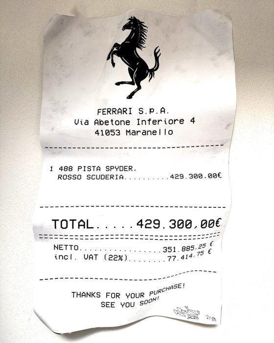 Louis Michel Krüger - Ferrari Reciept (Dirty), Antiek en Kunst, Kunst | Designobjecten