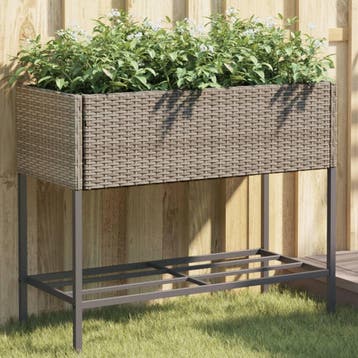 vidaXL Plantenbak met schap poly rattan grijs, Verzenden, Nieuw, Minder dan 60 cm, 60 cm of meer