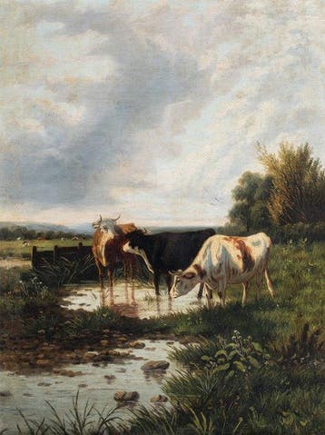 European school (XIX) - Landscape with Cattle at the Ford