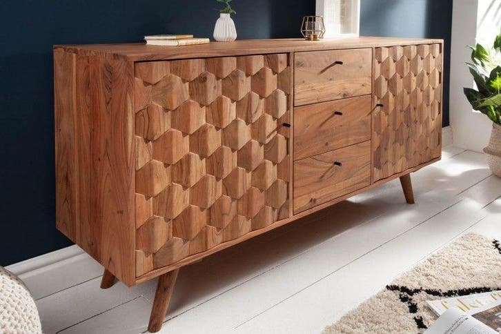 Massief dressoir MYSTIC LIVING 145cm natuurlijk acacia 3D, Huis en Inrichting, Kasten | Dressoirs, Ophalen of Verzenden