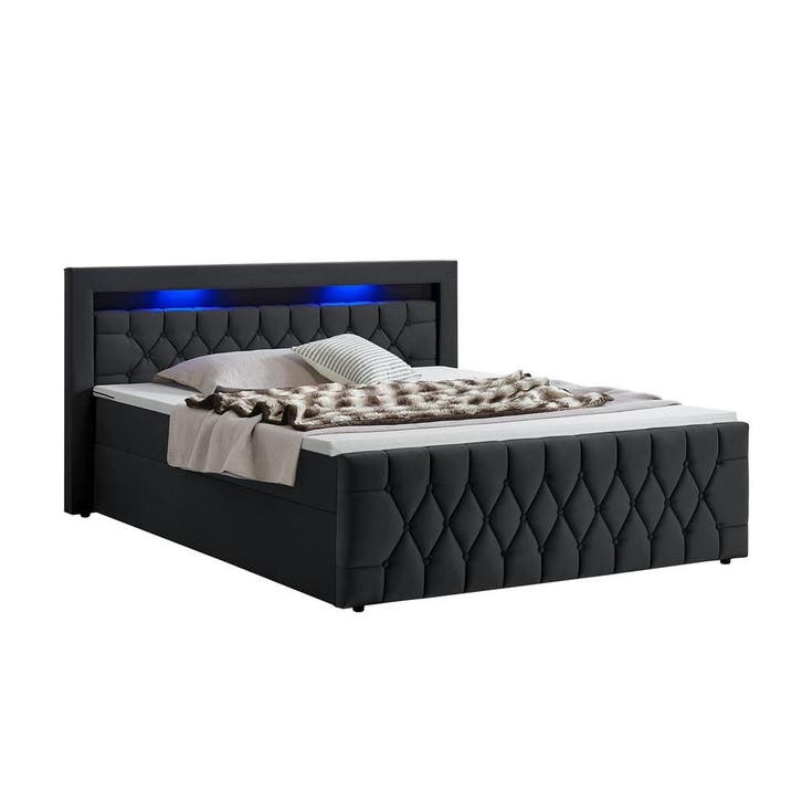 Boxspringbed Leona - 140 x 200 cm - Zwart - Incl. LED verlic, Huis en Inrichting, Slaapkamer | Boxsprings, Nieuw, Verzenden