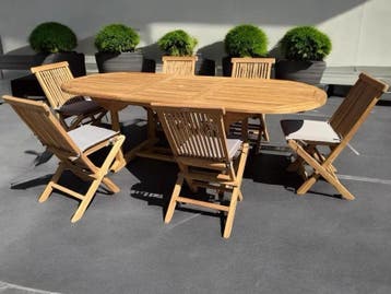 Uitschuif eettafel teak + 6 stoelen - Ovaal | Mokana, Huis en Inrichting, Ophalen of Verzenden, Nieuw