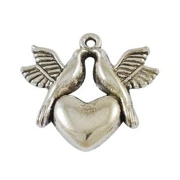 5x Tibetaans zilveren hartje met duifjes 29 x 32 x 4mm Ga..., Ophalen of Verzenden, Nieuw, Kraal
