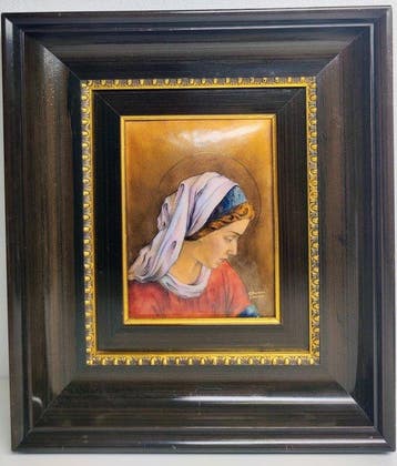 Emaille op koperen plaquette met afbeelding van de Maagd
