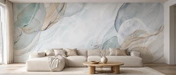 Abstract behang – aquarelvormen in blauwgroen en zand, Overige merken, Modern, Ophalen of Verzenden, Fotobehang