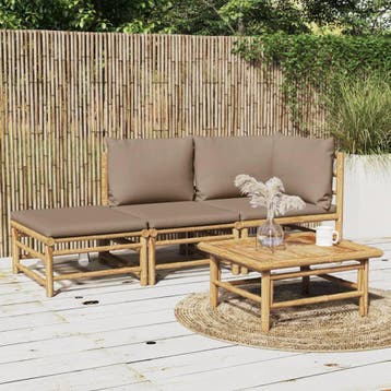 vidaXL 3-delige Loungeset met kussens bamboe taupe, Verzenden, Nieuw, Hout, Loungeset